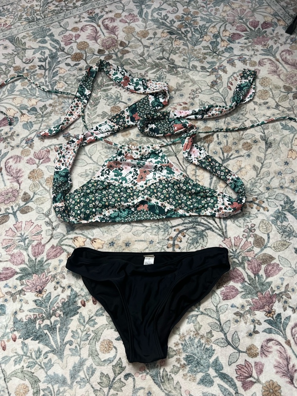 Old Navy Floral Green and Pink Halter Bikini Top with Black Bikini Bottom